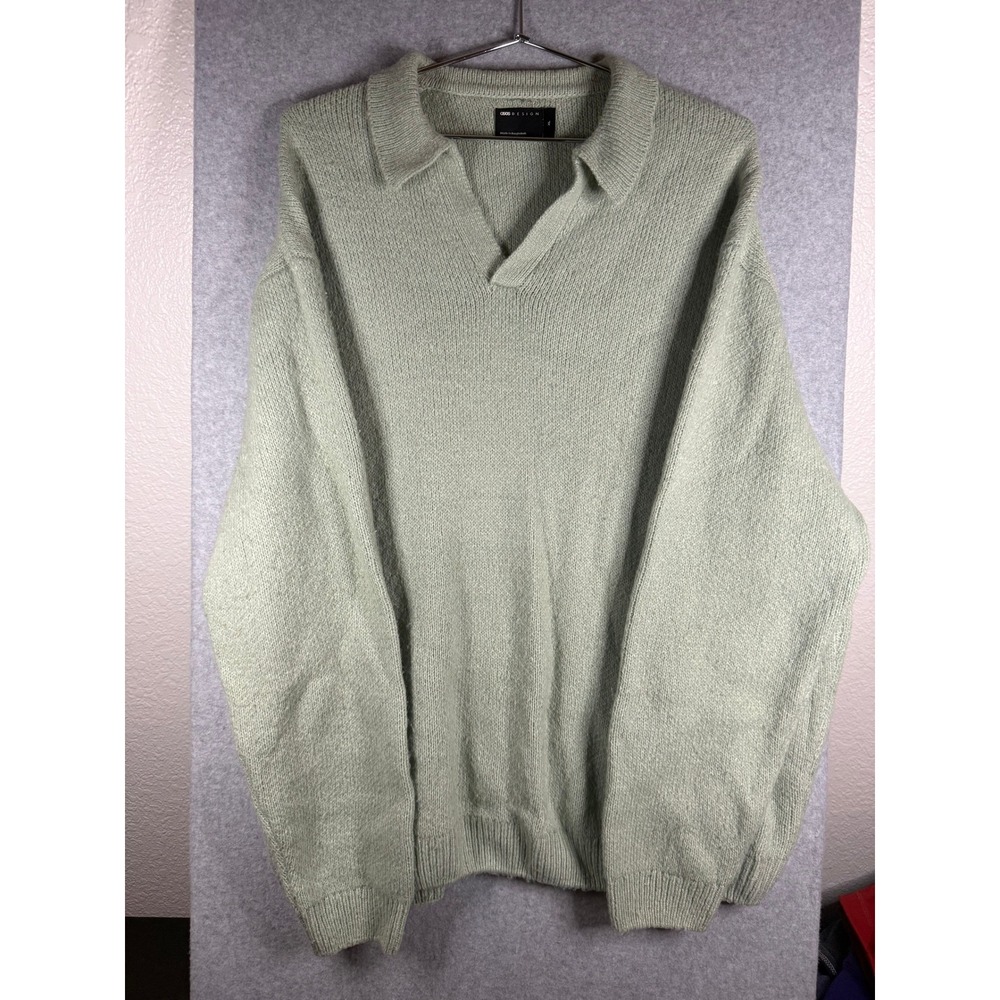 ASOS DESIGN Sage Green Knit Polo Sweater V-Neck Long Sleeve Relaxed Fit Large